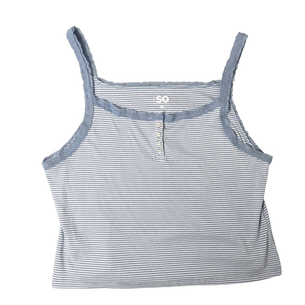 SO Womens 2X Blue White Striped Ribbed Lace Trim‎ Henley Camisole Tank Top Y2K